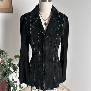 Vintage 90s INC black suede fitted clasp up jacket with white contrast stitching